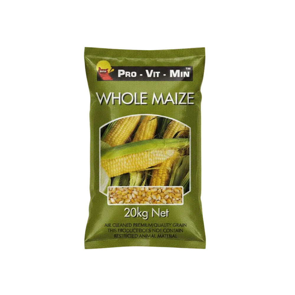 Pro-Vit-Min Whole Maize packaging with corn images on a green background