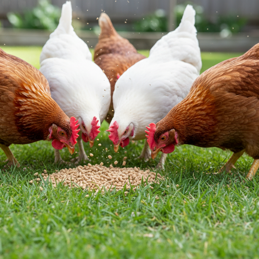 Chickens eating organic layer pellets on grass