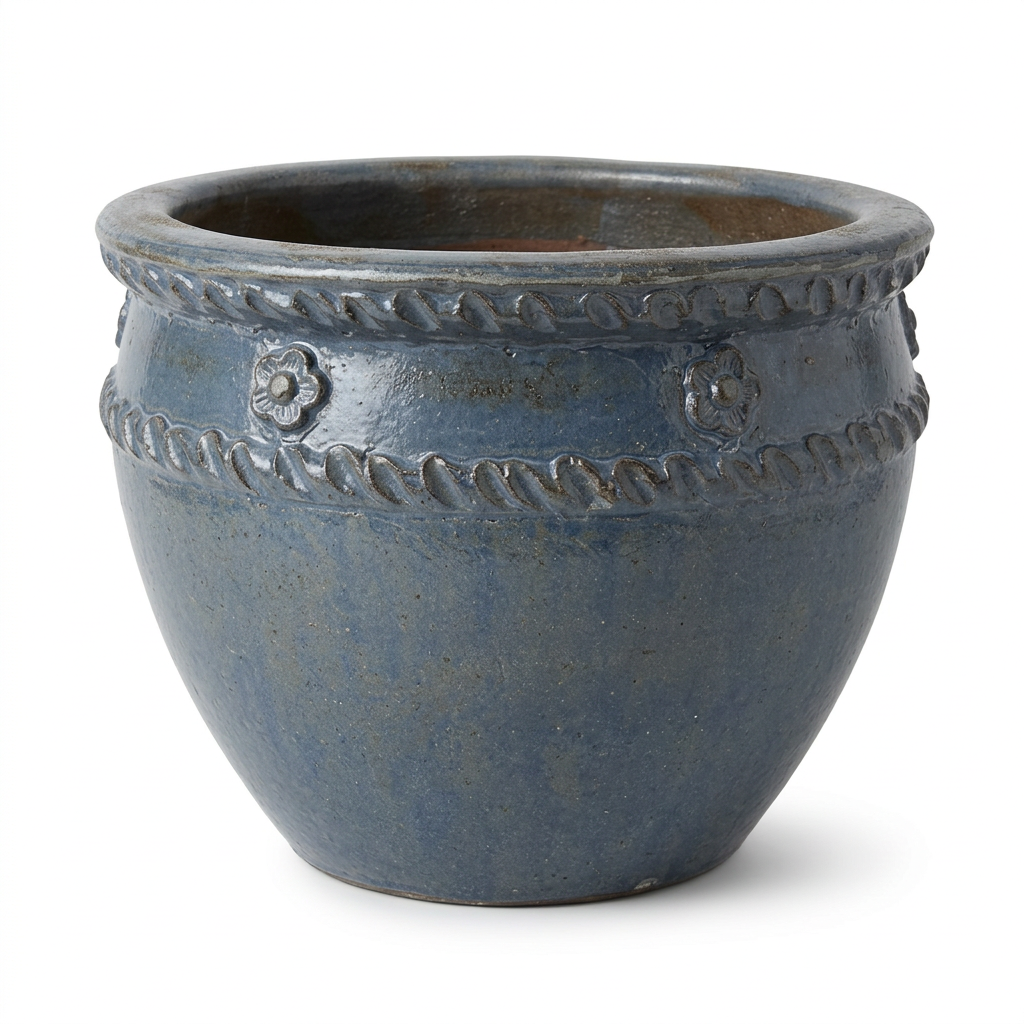 Rustic blue-grey pot on a square white background
