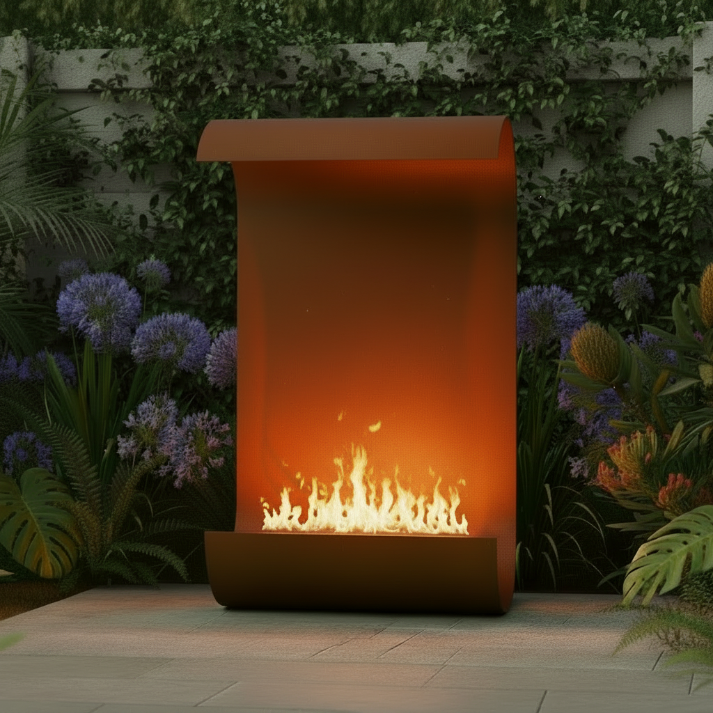 Corten Steel Outdoor Reflective Wall Fireplace