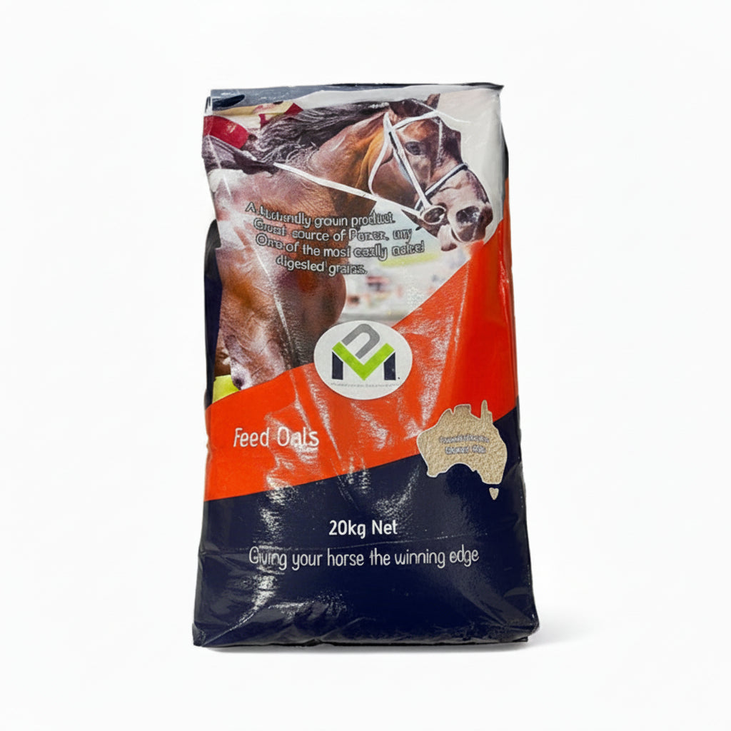 A 20 kg bag of PRO-VIT-MIN Whole Feed Oats for horses, featuring a picture of a horse and the Australian flag, indicating the product is for horses and produced in Australia.