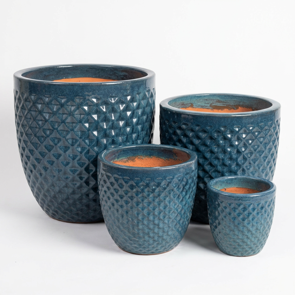 AI recreation of the four front blue pots on a square white background