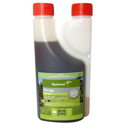 A bottle of Apparent Ravage herbicide with a white label, green text, and red caps.