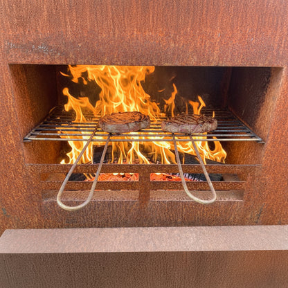 Rust-colored outdoor grill with a metal grate inside