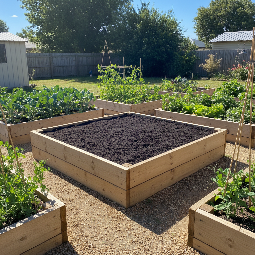 Dark Compost Soil in Raised Vegetable Garden Bed
