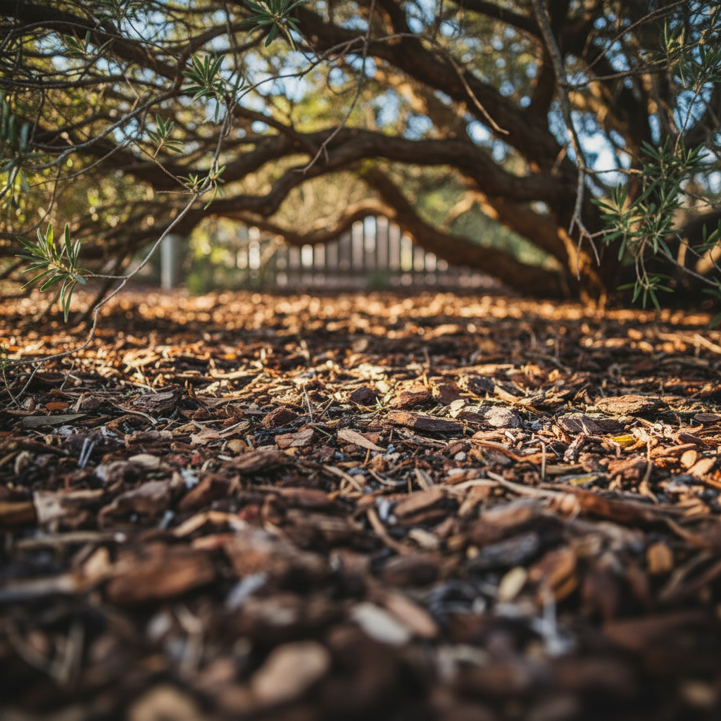 Garden Mulch Under Moonah Tree with Wooden Fence