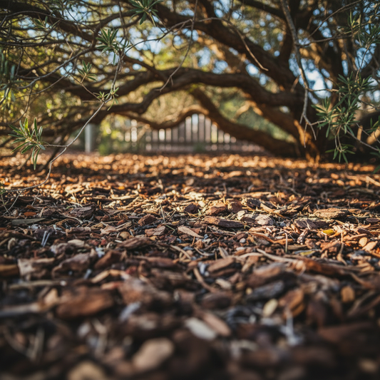 Garden Mulch Under Moonah Tree with Wooden Fence