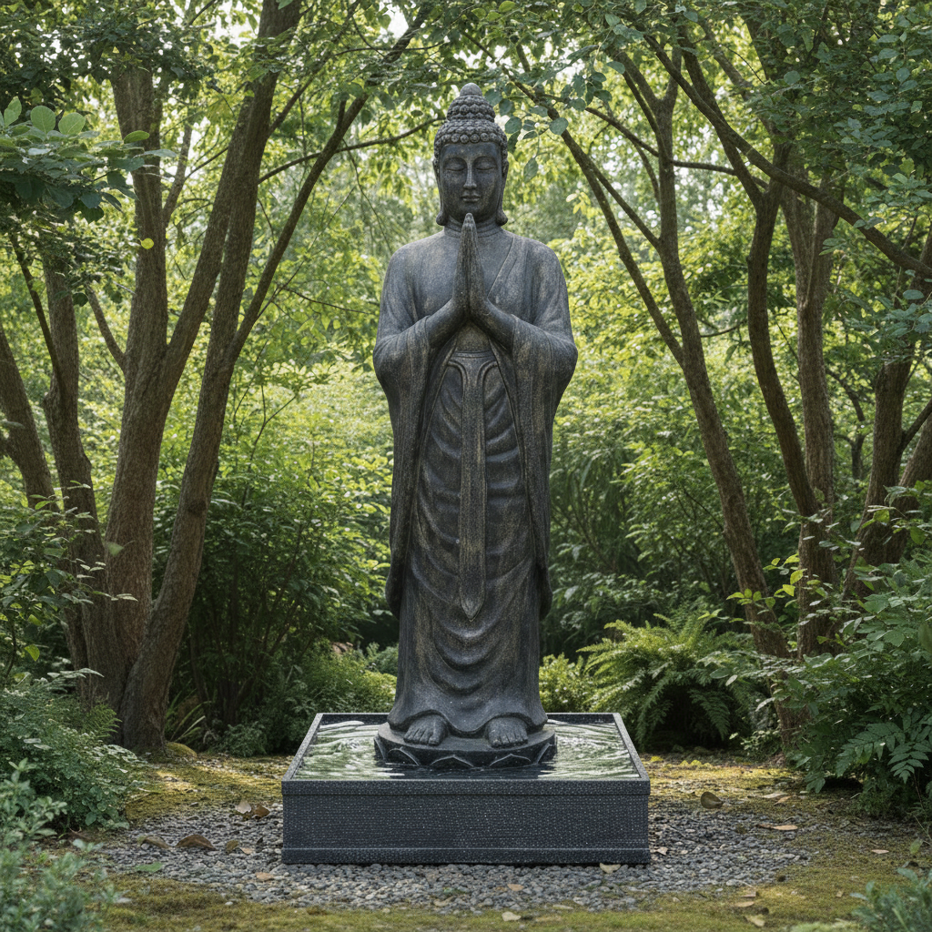 Grand Standing Praying Buddha Garden Statue Water Feature