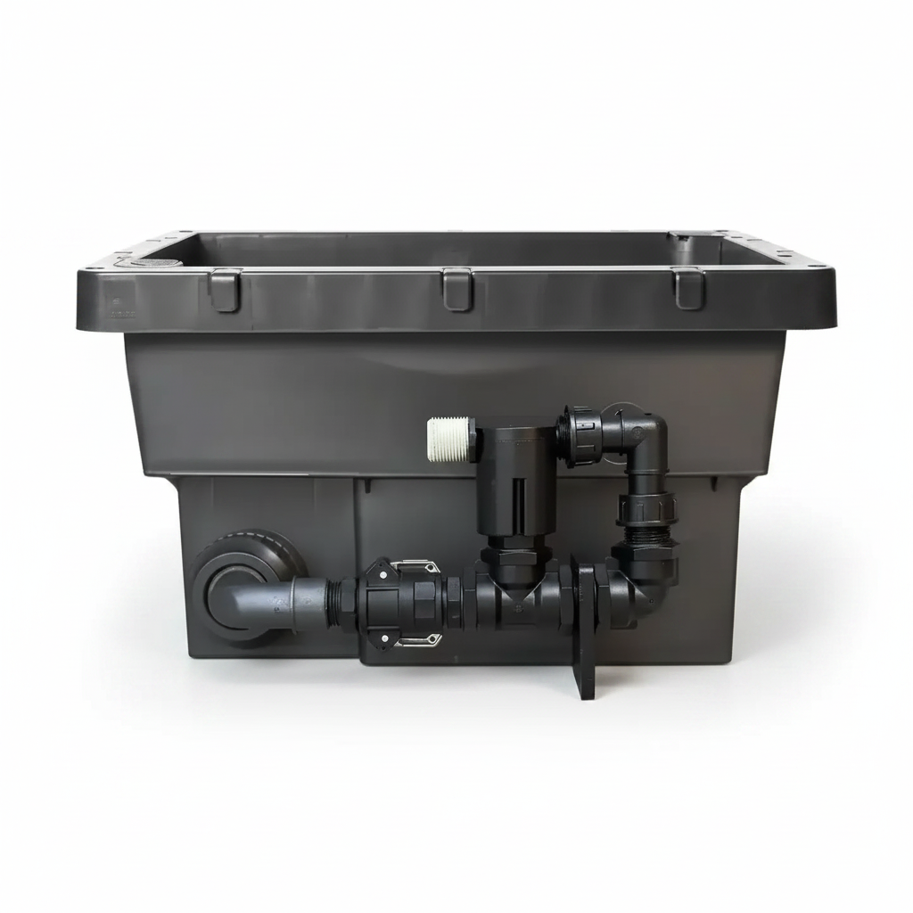 Hydroponic Reservoir with Plumbing – White Background Square