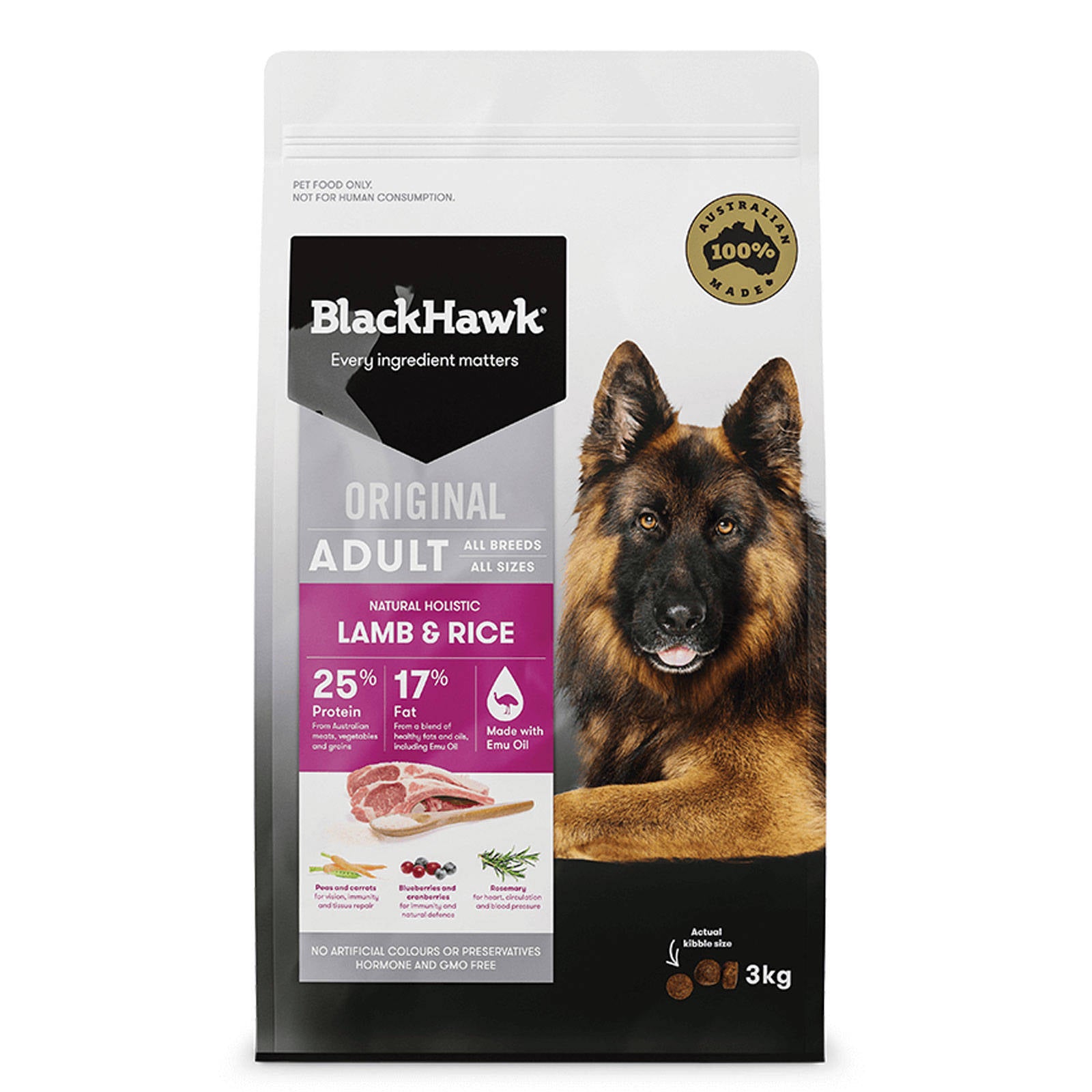 Black Hawk Lamb & Rice Adult Dog Food 3kg Holistic Pet Australian Made Premium