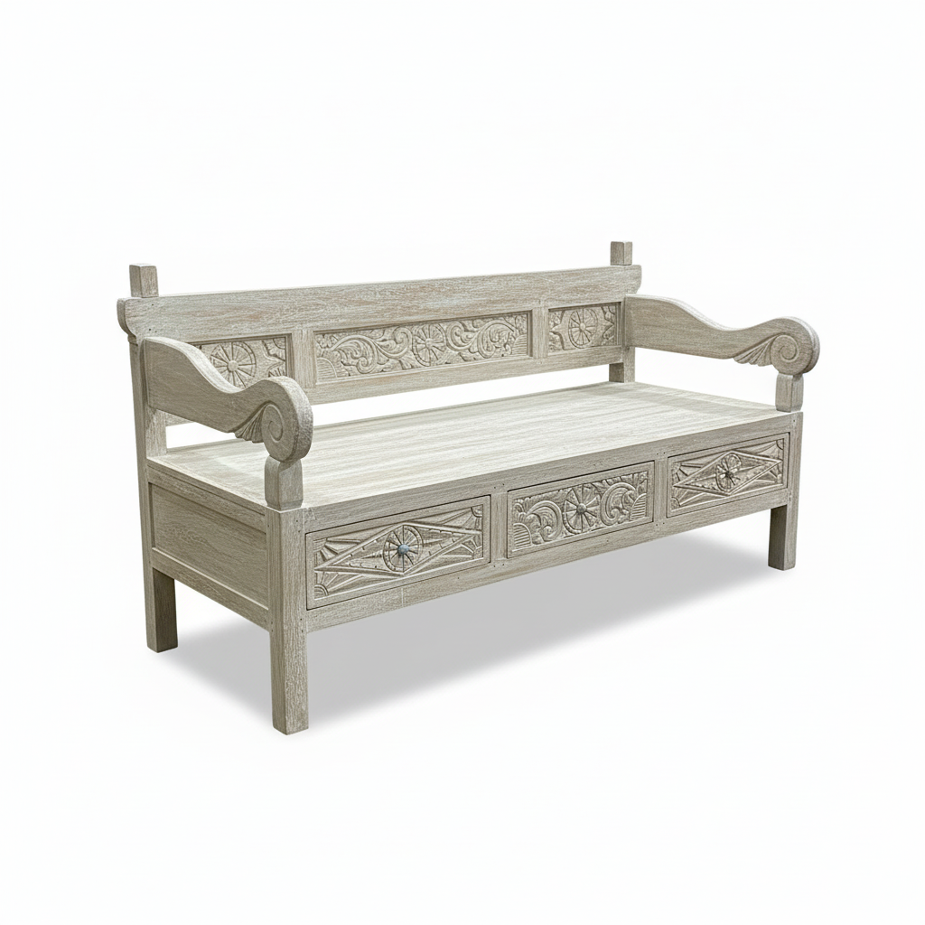Ornate Carved Wooden Daybed with Drawers 