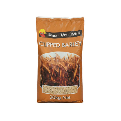 A 20 kg bag of Pro-Vit-Min Clipped Barley with a picture of the barley grains on the front.