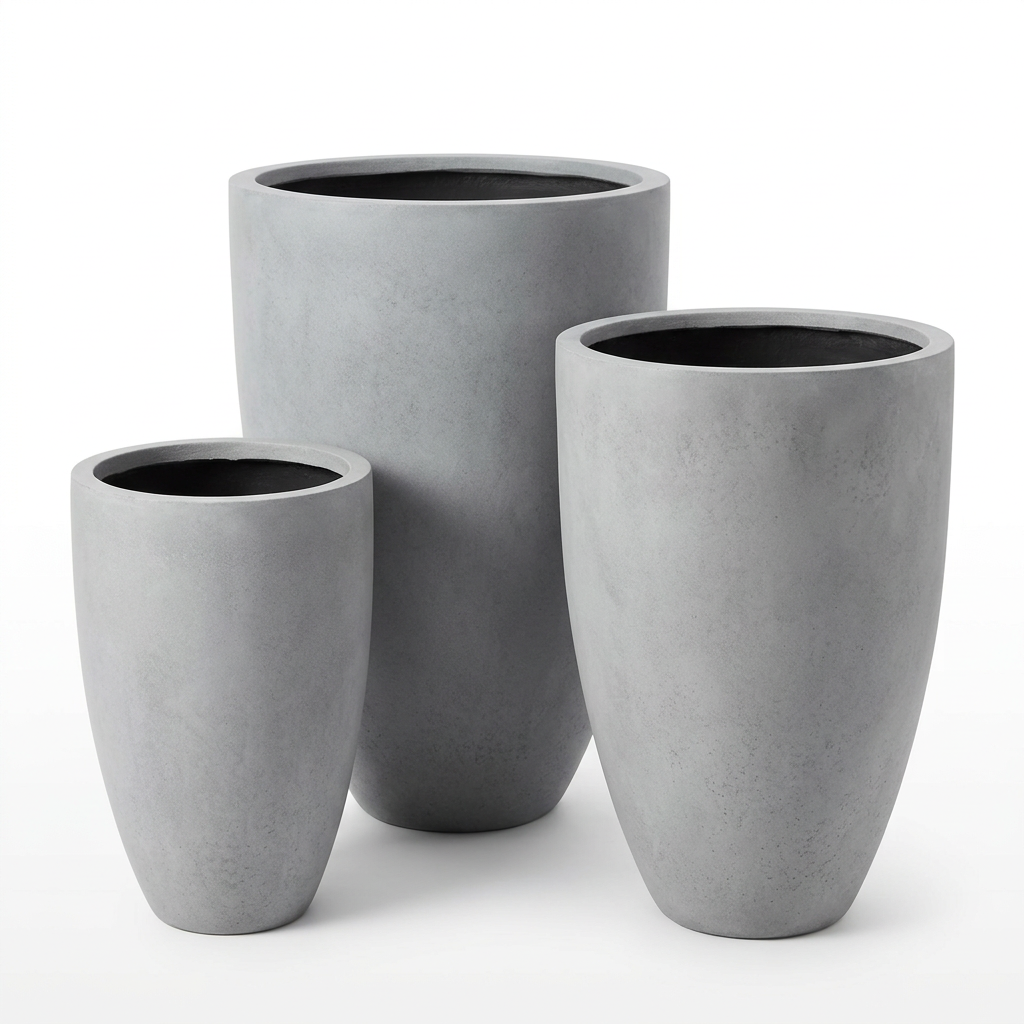 Square AI recreation of the three front grey pots on a white background