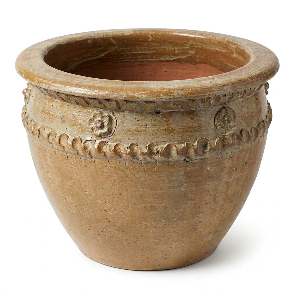 Tan pot with a wider top rim on a square white background