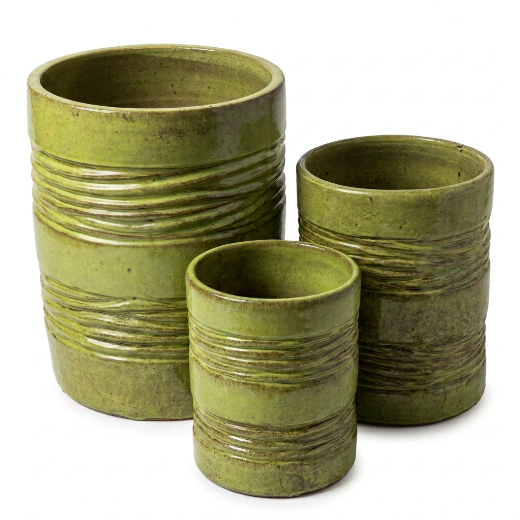 Three green pots with the ridge flaw on the largest left pot retouched