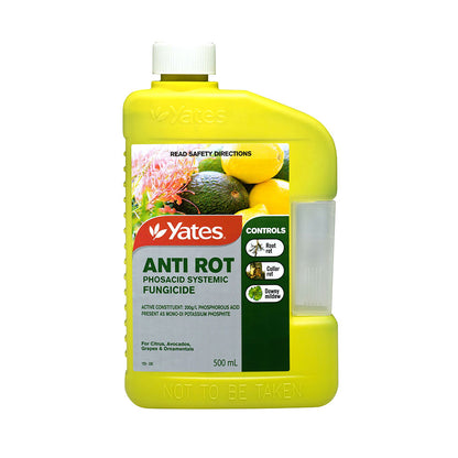 Yellow bottle of Yates Anti Rot fungicide on a white background