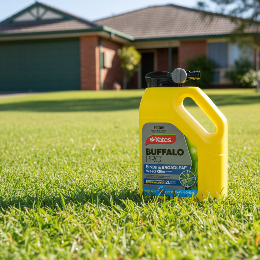 Yellow bottle of Yates Buffalo Pro weed killer on a white background
