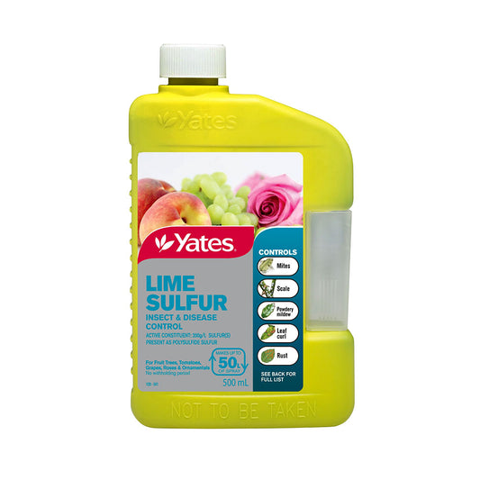 Yellow bottle of Yates Lime Sulfur on a white background