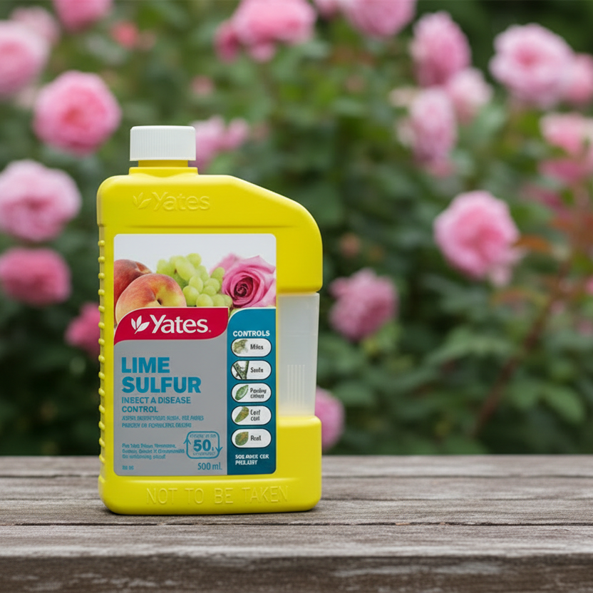 Yates lime sulfur bottle with  flowers in the background