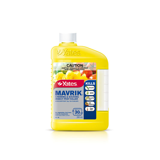 Yellow bottle of Yates Mavrik insect pest killer on a white background