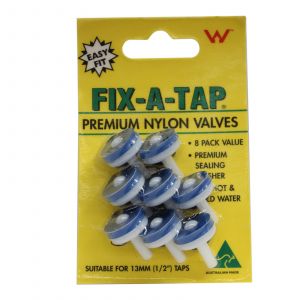 Fix-A-Tap Premium Nylon Valves 8 Pack Suits 1/2 Inch 13mm Hot Cold Taps 222107