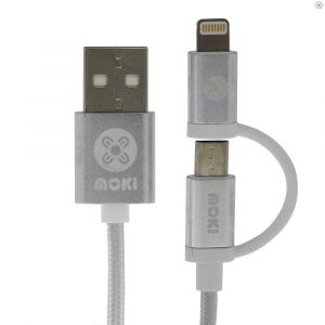 Moki Braided 2-in-1 Lightning and MicroUSB SynCharge Cable 90cm Silver Phone
