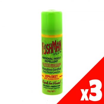 Bushman Plus Aerosol 20% DEET 50g 7 Hour Protection Super Strong Spray Can PK3