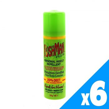 Bushman Plus Aerosol 20% DEET 50g 7 Hour Protection Super Strong Spray Can PK6