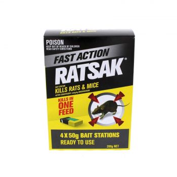 Ratsak Fast Action Rat and Mouse Bait 1 Shot 4 x 50g Bait Stations Yates 200g