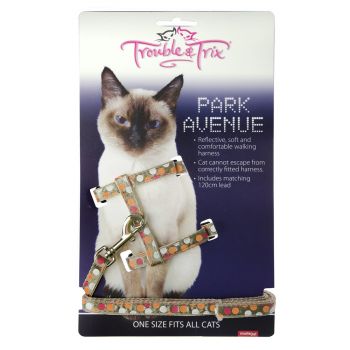 Trouble & Trix Cat Harness Set Park Ave Circle Beige