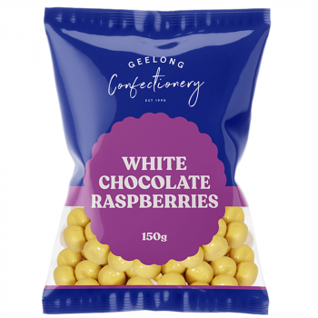 GEELONG CONFECTIONERY White Chocolate Raspberries 150g